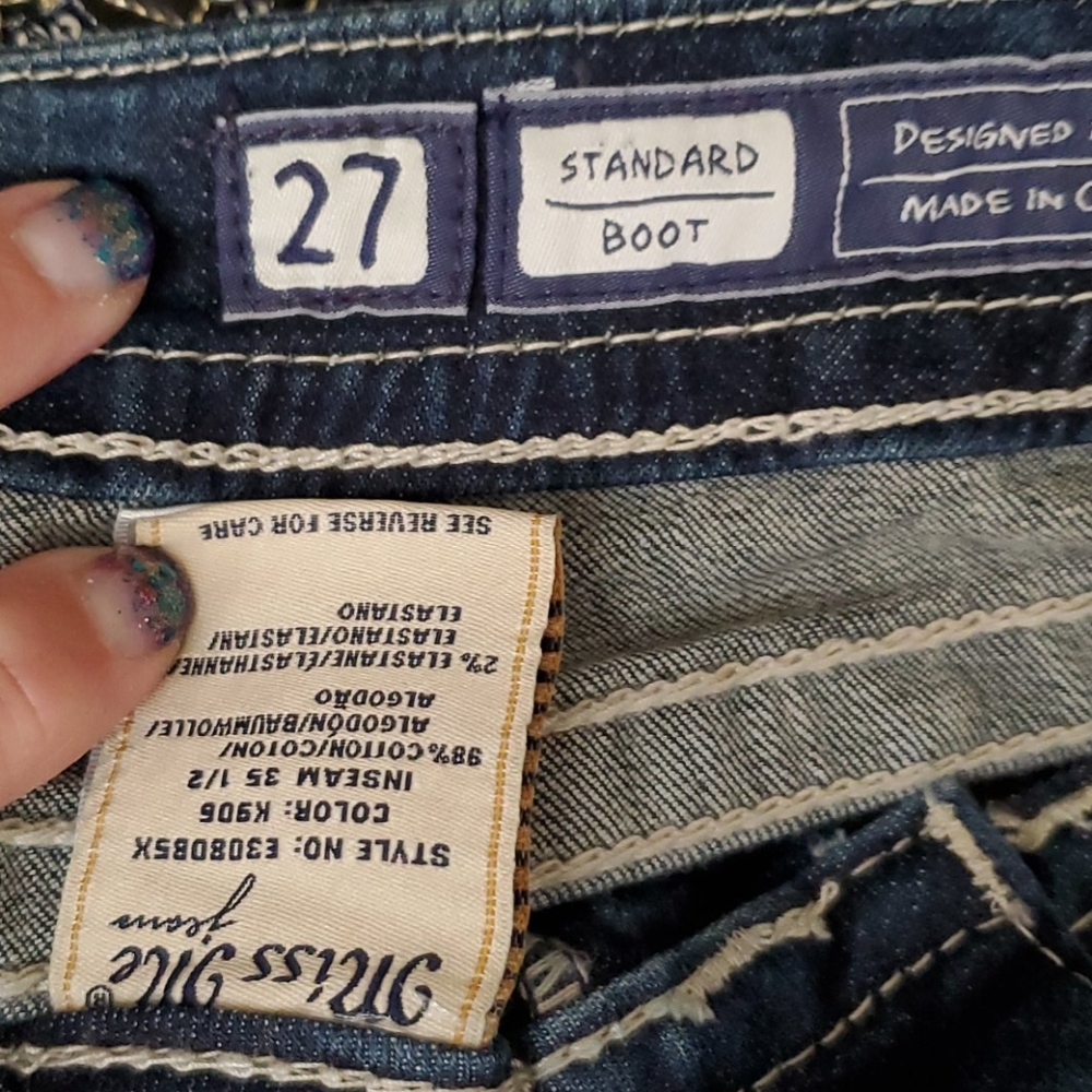 Miss Me Standard Boot Cut Designer Rhinestone Denim Blue Jeans - Long Length - Picture 8 of 9